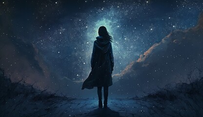 Wall Mural - silhouette of a woman on the background of the starry sky Generative AI