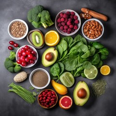  Fruit, vegetable, seeds, superfood, cereal, leaf vegetable on gray concrete background. Generative AI.