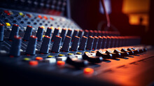 Audio Mixing Console In A Streaming, Live Broadcast, Or Recording Session. Channel Faders Close Up. SIde View. Shallow Depth Of Field P5