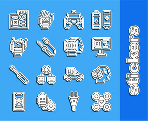 Sticker - Set line Drone, Humanoid robot, Software, Remote control, Soldering iron, Broken, Motherboard digital chip and icon. Vector