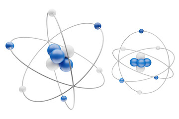 Scientific models of two atoms with nucleus, electrons, protons and neutrons orbiting in a circular path, isolated on transparent or white background