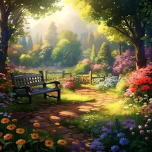 Illustration Of A Wooden Bench In The Middle Of A Beautiful Flower Garden. There Is A Walkway Connecting The Benches.