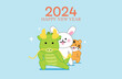 CNY 2024 card with cute zodiac animals. Year of the dragon greetings card or banner, three zodiac animals, dragon, rabbit and tiger. Lunar new year celebration in Asia with cute animals.