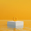 Cylinder white podium mock up with yellow background and sea view. product presentation, mock up, scene to show cosmetic product, Podium, stage pedestal or platform. simple clean design