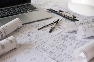 Architects concept,eco project house,Retrofit movement,engineer architect designer working drawing sketch plans blueprints and making construction eco model,architect project