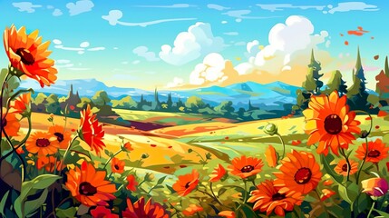 Wall Mural - Abstract background sunflowers field. A vibrant banner design featuring an illustrated background of a sunflower field in colorful nature. Generative AI.