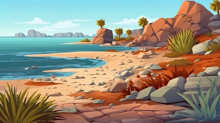 Wall Mural - Background seashore with arid plants. Designing of a banner with an illustrated seashore featuring arid plants against a natural background. Generative AI.