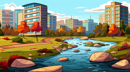 Wall Mural - abstract background city park. serene city park on a banner with houses on the background for a harm