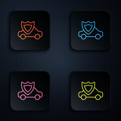 Sticker - Color neon line Car with shield icon isolated on black background. Insurance concept. Security, safety, protection, protect concept. Set icons in square buttons. Vector