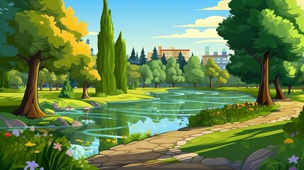 Wall Mural - Abstract background city park. Banner with a picturesque city park illustration against a natural background. Generative AI.