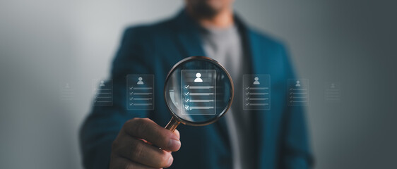 Hr, HRM, Human resources management concept. Check resume, Screening employee information, job applicants, Employees must complete the online survey form, answer the test questions..