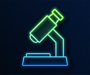 Sticker - Glowing neon line Microscope icon isolated on blue background. Chemistry, pharmaceutical instrument, microbiology magnifying tool. Vector