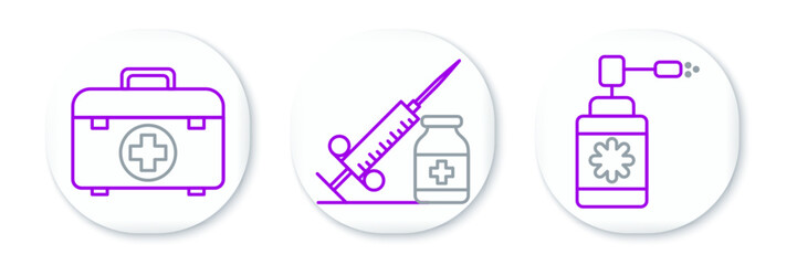 Sticker - Set line Medical bottle with nozzle spray, First aid kit and syringe needle and vial or ampoule icon. Vector