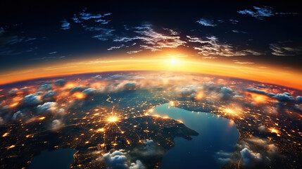 Wall Mural - Panoramic view on planet Earth globe from space. Glowing city lights, light clouds. Generative AI