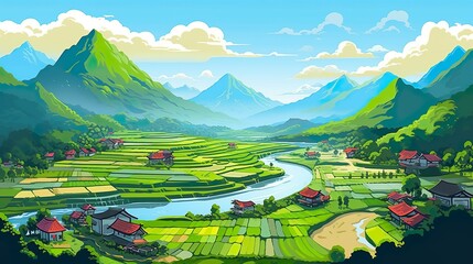 Wall Mural - Abstract background rice terraces. Mesmerizing beauty of nature's rice terraces with an artistic illustration against a green background. Generative AI.