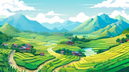 Wall Mural - abstract background rice terraces. visually striking banner design featuring an illustrative represe