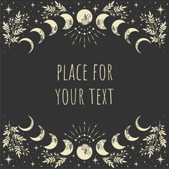 magic vector frame with plants, moon, stars. mystic frame for tarot, esoteric, astrology design. tem