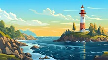 Abstract Background Lighthouses. Creating Of A Beacon Of Visual Appeal With An Illustration Showcasing A Lighthouse Amidst The Splendor Of Sea Nature. Generative AI.