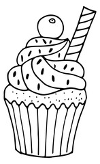 Canvas Print - Cream cupcake doodle. Black line baked dessert