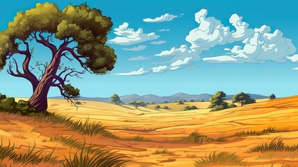 Wall Mural - background steppe with wild grasses and lone tree. captivating background with an illustration of a 