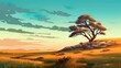 Background steppe with wild grasses and lone tree. The untouched wilderness with an illustration of a steppe and a solitary tree. Generative AI.