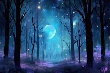Wall Mural - Mystical Moonlit Forest: Tall Trees, Glowing Moon, and Fireflies Illuminate Enchanting Night, generative AI