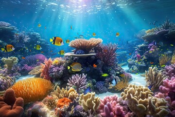 Wall Mural - Sparkling Ocean: Crystal-Clear Water, Vibrant Coral Reefs, and Tropical Fish, generative AI