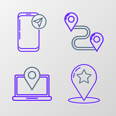 Sticker - Set line Map pointer with star, Laptop location marker, Route and Infographic of city map navigation icon. Vector