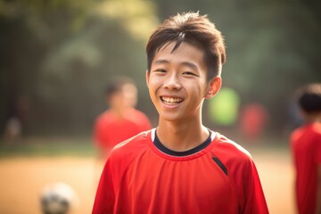 An Asian teenage boy participating in a team game football. Generative AI