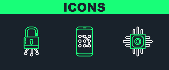 Sticker - Set line Processor, Lock on digital circuit board and Mobile and graphic password protection icon. Vector