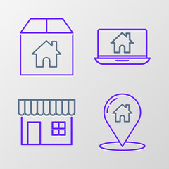 Poster - Set line Map pointer with house, Shopping building or market store, Laptop and smart home and Cardboard box icon. Vector