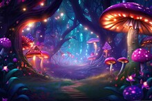 Enchanted Forest: Magical Background With Glowing Mushrooms, Sparkling Fireflies, And Whimsical Fairyland, Generative AI