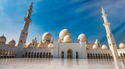 An exterior view of the Sheikh Zayed Grand Mosque. It is the largest mosque in the country, and the key place of worship for daily, Friday and Eid prayers