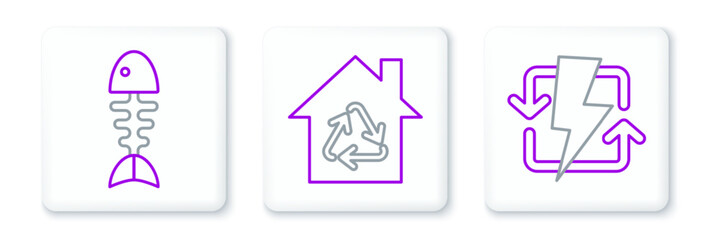 Sticker - Set line Recharging, Fish skeleton and Eco House with recycling symbol icon. Vector