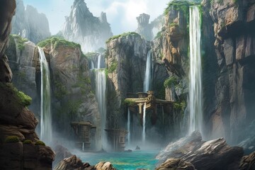  Nature's Grandeur: Majestic Waterfall Cascading Down Rocky Cliffs, generative AI
