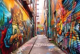 Fototapeta Młodzieżowe - Urban Expression: Vibrant Street Art and Energetic Performers Transform a Colorful Graffiti-Adorned Alley, generative AI