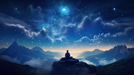 person silhouette sitting on the top of the mountain meditating or contemplating the starry night with Milky Way and Moon background yoga and meditation silhouette dreamy background