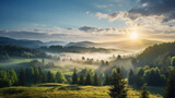 Fototapeta Natura - morning misty landscape with meadows and rolling hills and trees