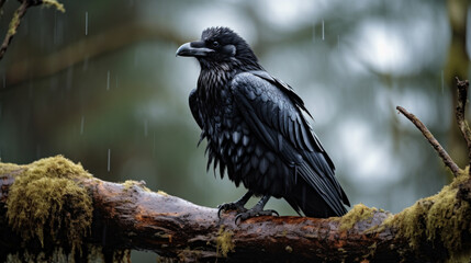 Wall Mural - black crow on tree branch on rain. death