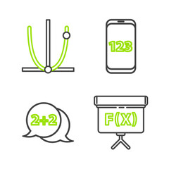 Poster - Set line Chalkboard, Equation solution, Mobile calculator interface and Graph, schedule, chart, diagram icon. Vector