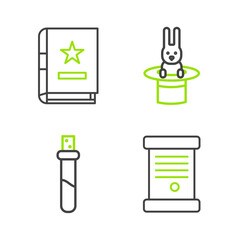 Sticker - Set line Decree, paper, parchment, scroll, Bottle with love potion, Magician hat and rabbit and Ancient magic book icon. Vector