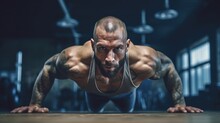 Push Ups, Workout And Portrait Of Strong Man In Gym For Challenge, Exercise And Performance. Generative AI 1
