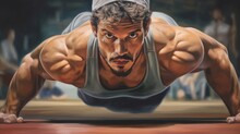 Push Ups, Workout And Portrait Of Strong Man In Gym For Challenge, Exercise And Performance. Generative AI 3