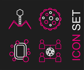 Sticker - Set line Virus spread, Bar of soap, and Bacteria bacteriophage icon. Vector