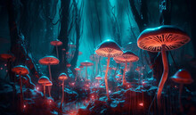 Psychedelic Mushroom Forest With A Neon Glow  In A Fantasy Style 