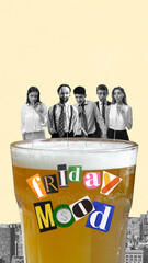 Wall Mural - Group of colleagues, office workers standing neat gian lager beer glass and drinking. Contemporary art collage. Concept of business, office, party, oktoberfest, drink, joy, leisure time, ad