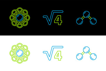 Set line Molecule, Atom and Square root of 4 glyph icon. Vector