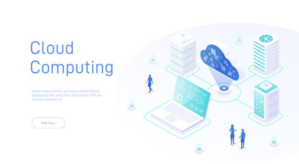 Wall Mural - Cloud computing isometric. Cloud database. Big data flow processing concept. Cloud Technology illustration. Cloud computing technology users network configuration isometric advertisement poster.