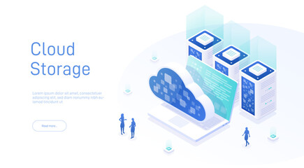 Wall Mural - Concepts cloud storage isometric. Online Computing Storage 3D isometry concept. Cloud computing or storage vector illustration. Online computing technology. Cloud data storage 3d isometric.