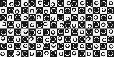 Aufkleber - Black and white checkered tiles. Vector chessboard, repeating pattern. Circles on each cell. For printing and decorating seamless surfaces.
